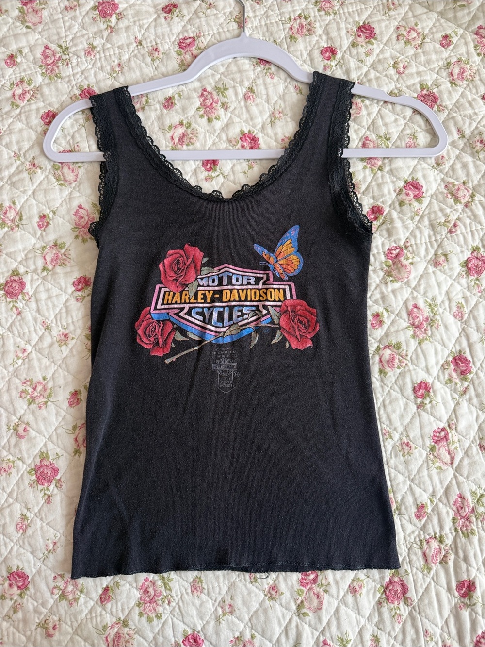 1980 Vintage Harley Davidson, black lace tank top